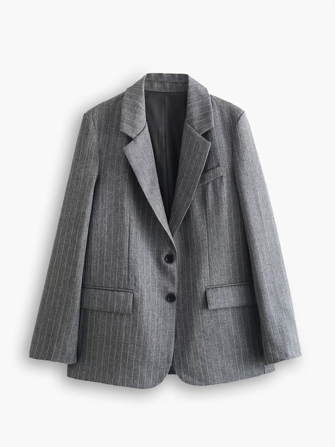 Veste blazer femme grise oversize à deux boutons, parfaite pour la mi-saison, alliant confort et style moderne.