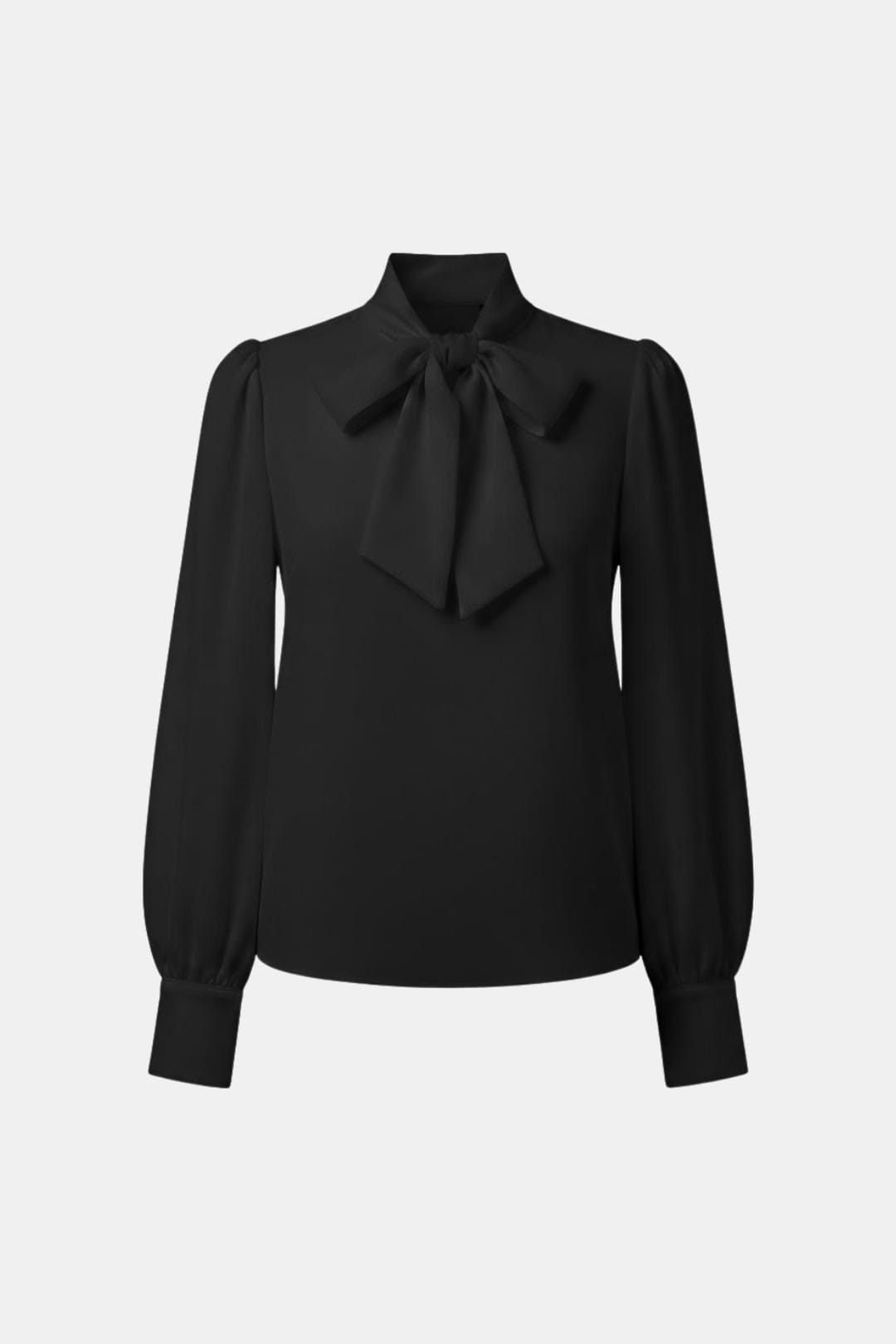 Chemise femme élégante noire à col lavallière et manches longues, parfaite pour le bureau ou une sortie.