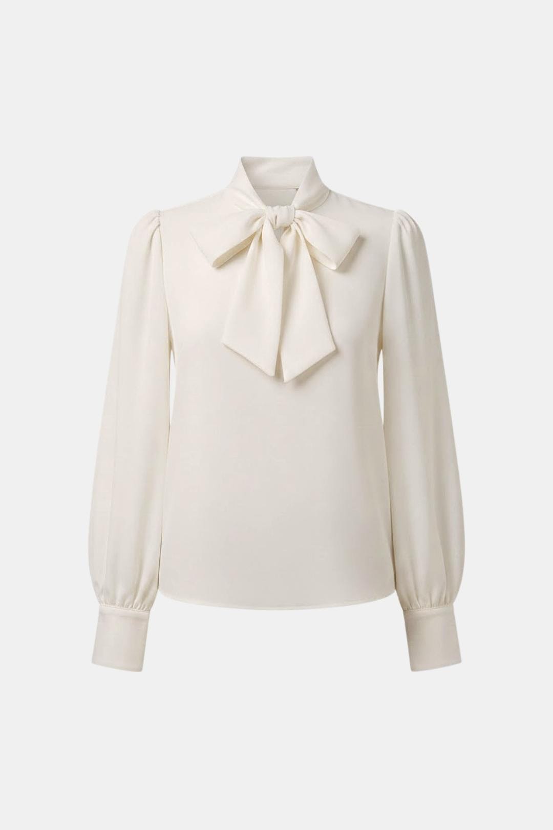 Blouse féminine beige à col lavallière, manches longues, coupe ample, pour un look casual chic moderne.