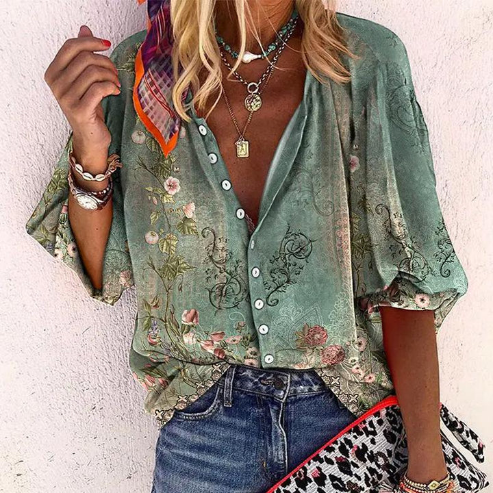 Blouse imprimée femme, manches 3/4. Chemisier décontracté élégant à motifs pour printemps-été.