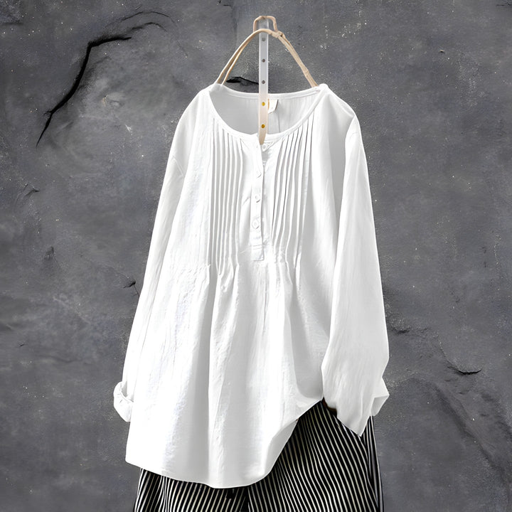 Blouse élégante femme, coupe ajustée flatteuse, effet ventre plat, tissu confortable, manches longues.
