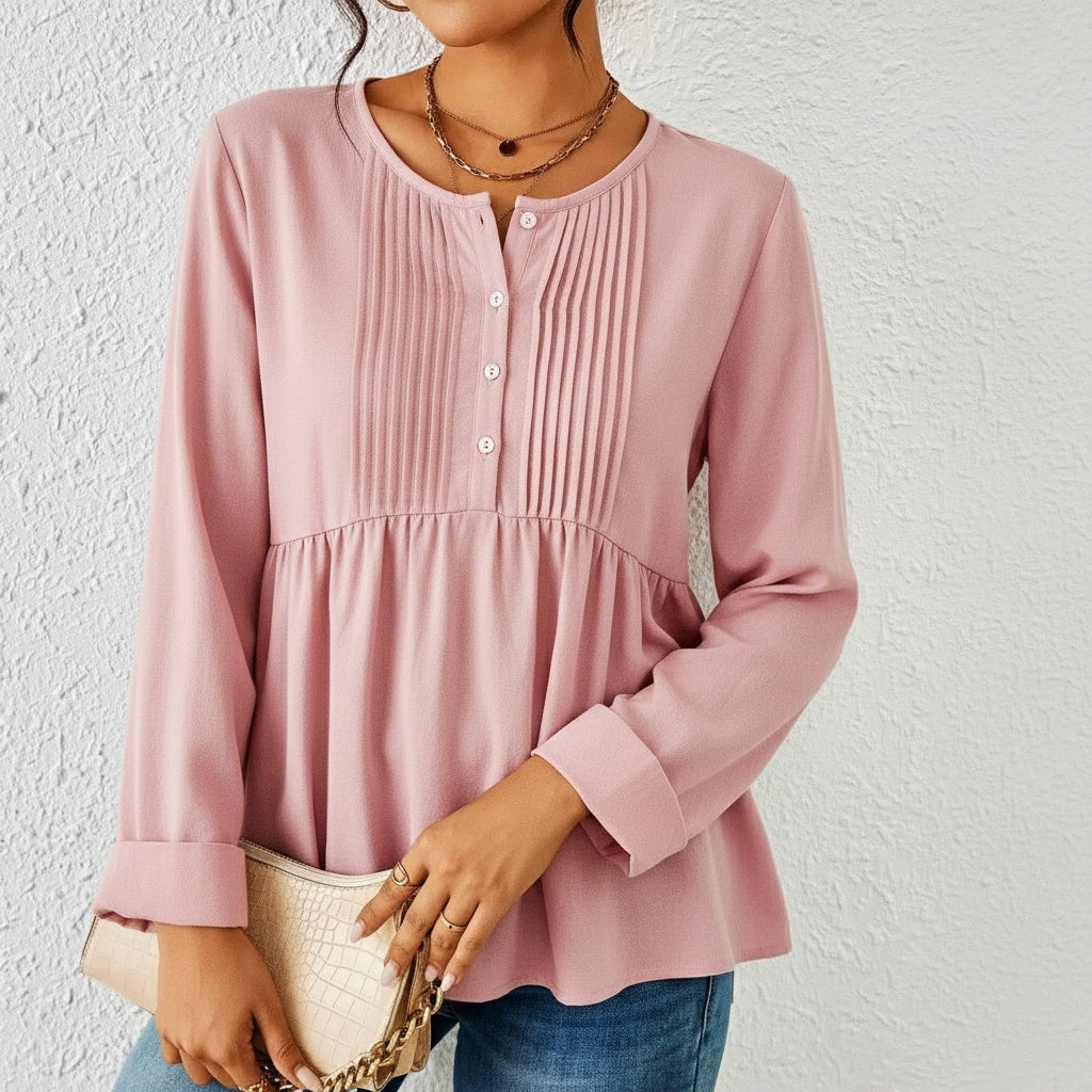 Blouse mode femme, effet ventre plat subtil, manches longues, design moderne, confortable au quotidien.