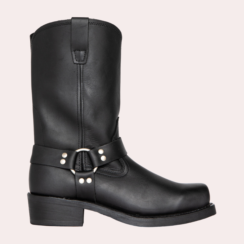 Bottes santiag marron pour homme, cuir vieilli, tige haute et bout arrondi. Chaussures de style western.