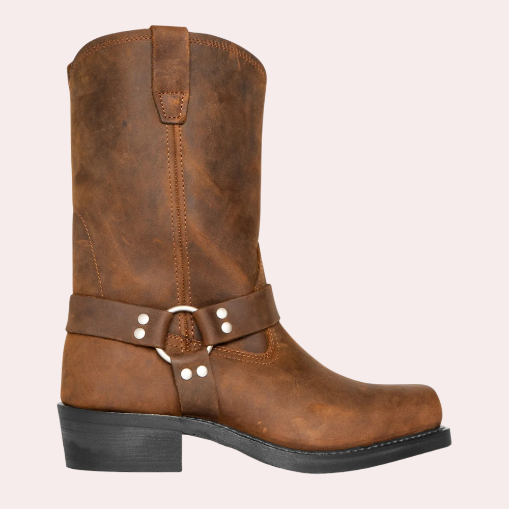 Santiag homme en cuir vieilli, bottes western marron à tige haute, bout arrondi. Disponibles en grandes tailles.
