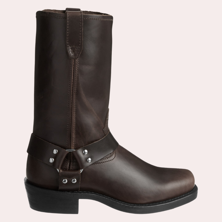 Bottes western homme authentiques, santiag en cuir vieilli marron, tige haute et bout arrondi pour un style unique.