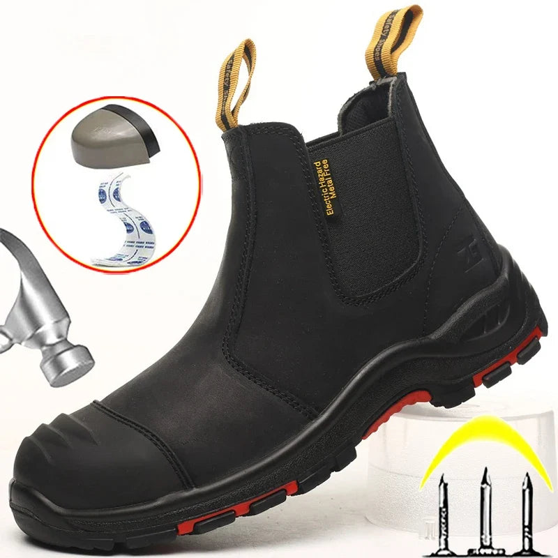 Vue latérale des bottines de sécurité homme sans lacets. Robustes, légères, avec protection anti-perforation et embout acier.