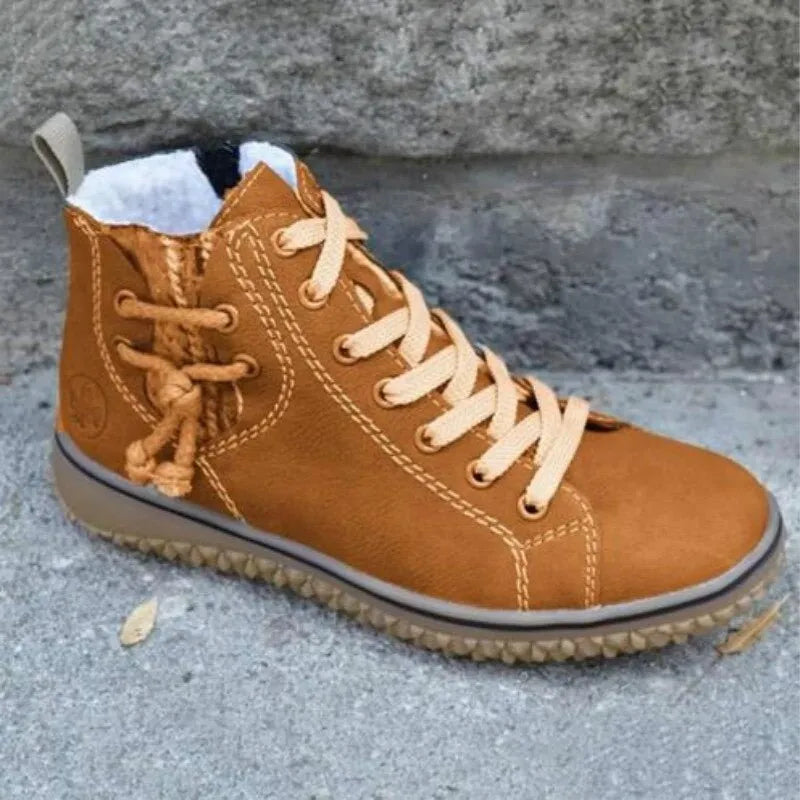 Élégantes bottines femme fourrées en similicuir, lacets et zip, style hivernal chic.