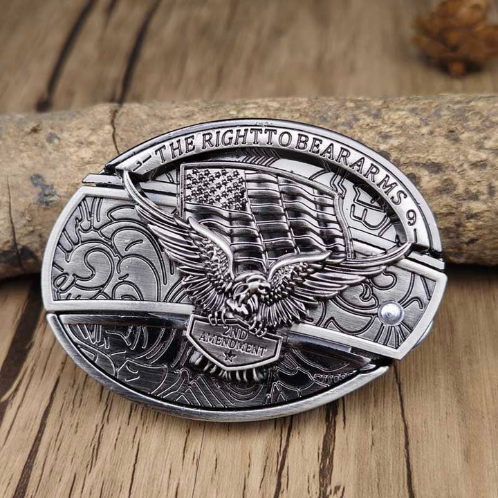 Boucle de ceinture robuste motif tête de taureau, style Western rock, avec couteau secret intégré.