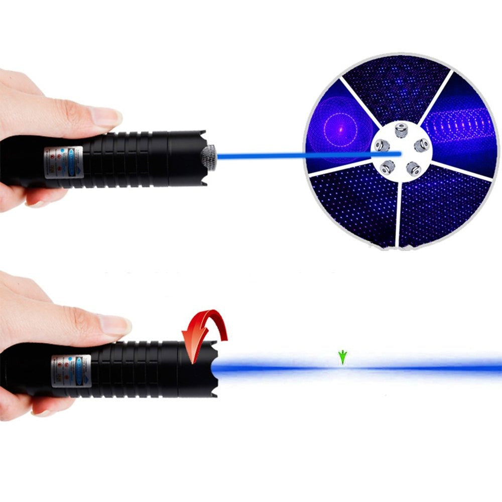 Torche laser bleue portable, design tactique pour randonnée, camping et utilisation en extérieur.