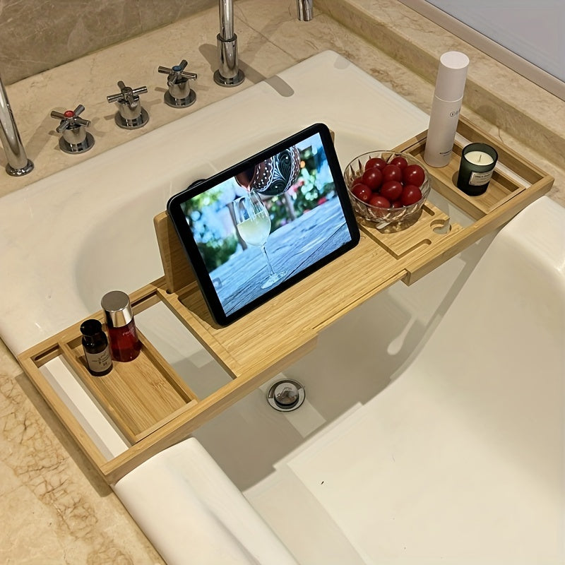 Plateau baignoire ajustable en bambou, parfait pour organiser vos essentiels de bain.