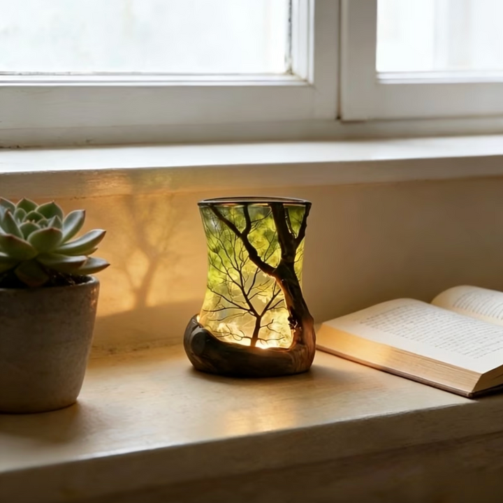 Lampe LED décorative sans fil avec projection d'ombre de forêt, idéale pour une lumière douce et apaisante.