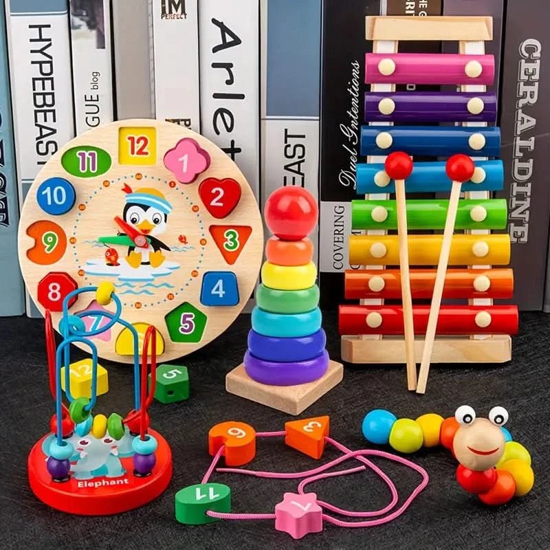 Jouet en bois Montessori pour bébé, développe motricité fine, sensoriel et créativité enfant.