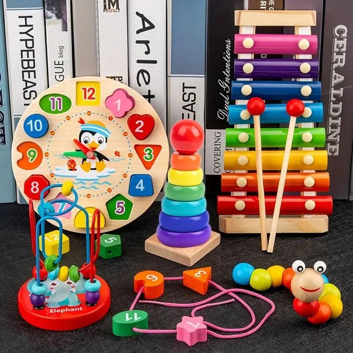 Jouet en bois Montessori pour bébé, développe motricité fine, sensoriel et créativité enfant.