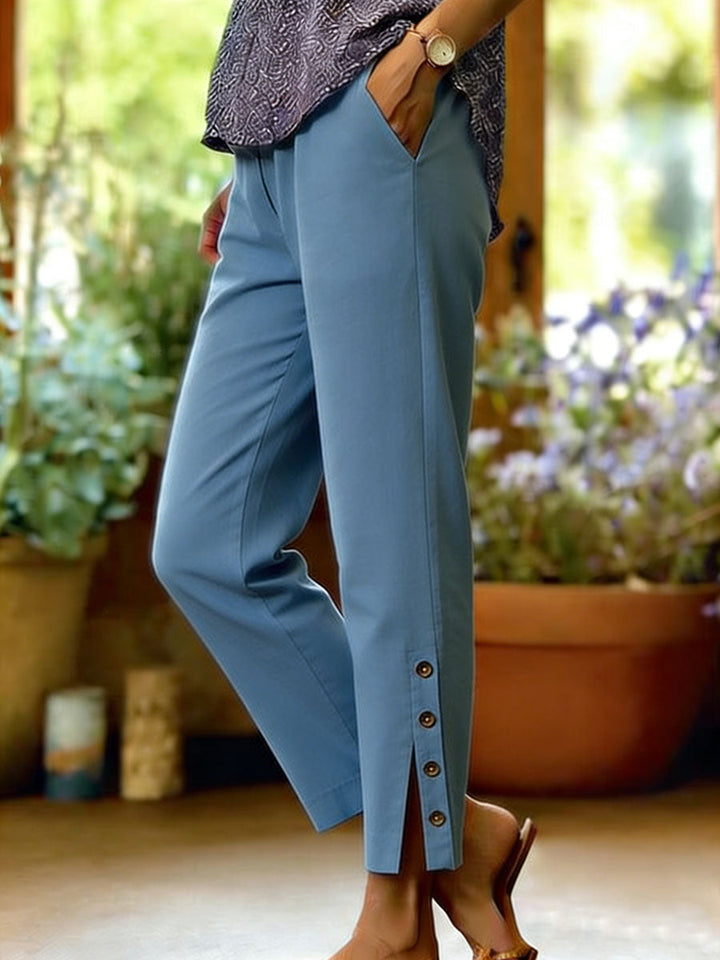 Pantalon femme en lin et coton, confortable et versatile, idéal pour un style élégant ou relax toute l'année.
