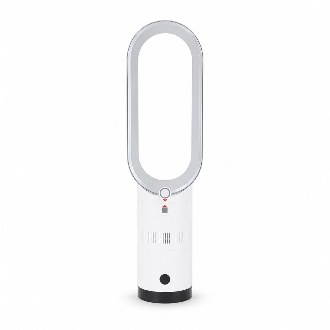 Appareil AeroLuxe intelligent pour maison connectée. Tour sans lame, chauffage et rafraîchissement domotique.