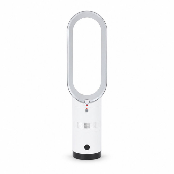 Appareil AeroLuxe intelligent pour maison connectée. Tour sans lame, chauffage et rafraîchissement domotique.