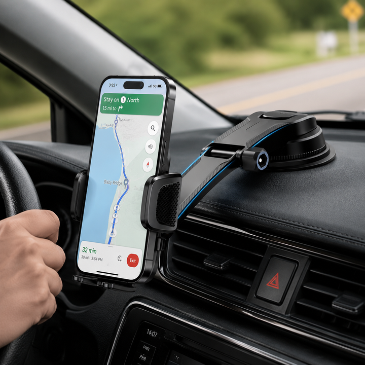 Fixation smartphone auto universelle avec rotation 360°. Support stable pour tableau de bord en ABS noir.