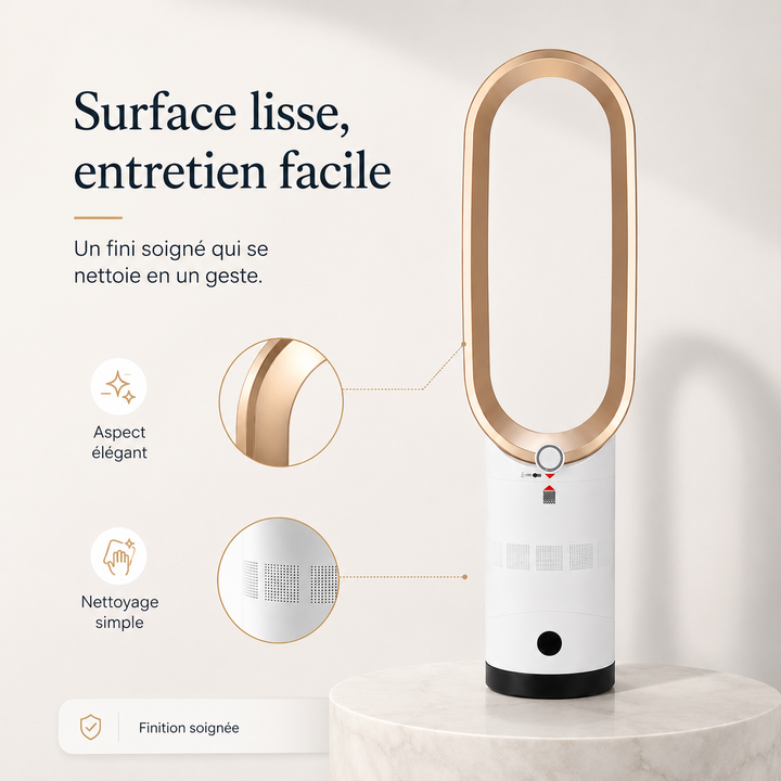 Ventilateur colonne silencieux, design sans pales. Procure un air frais et purifié par ionisation.