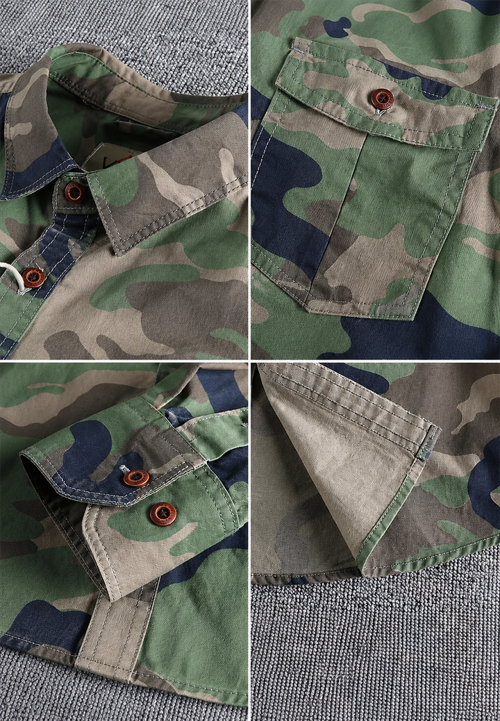 Chemise militaire camouflage homme, coupe décontractée, manches longues enroulables, poche pratique, parfait pour le quotidien.