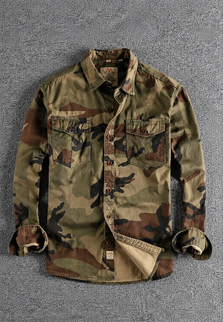 Chemise pour homme, motif camouflage moderne, manches longues décontractées, avec poche poitrine fonctionnelle, polyvalente.