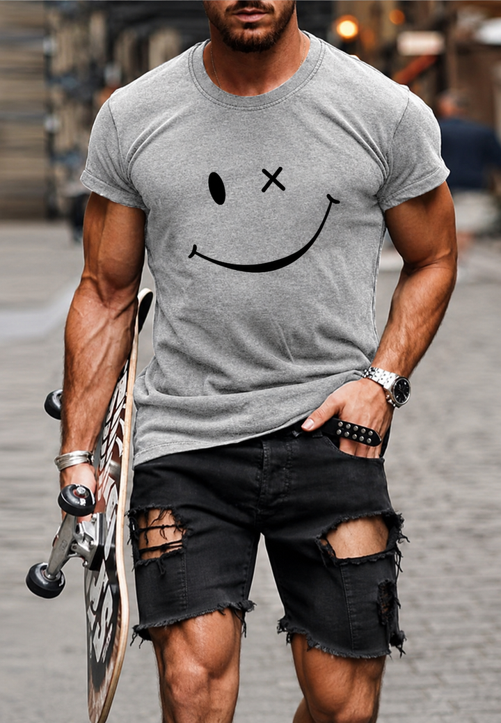 T-shirt homme à col rond, style graphique expressif, motif contemporain en rose, gris et blanc. Idéal mode décontractée.
