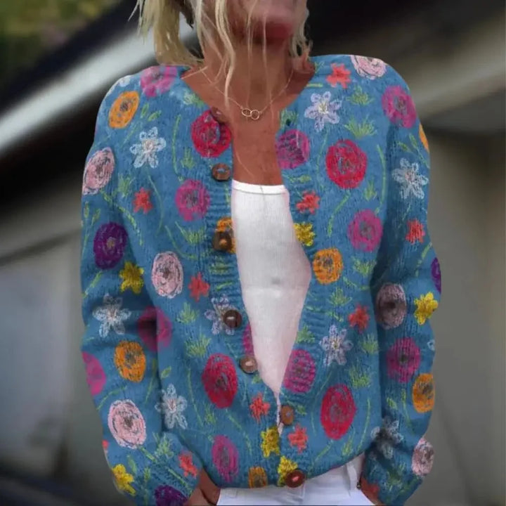 Cardigan femme imprimé abstrait, vêtement mode élégant, ajoutant une touche artistique à votre tenue.
