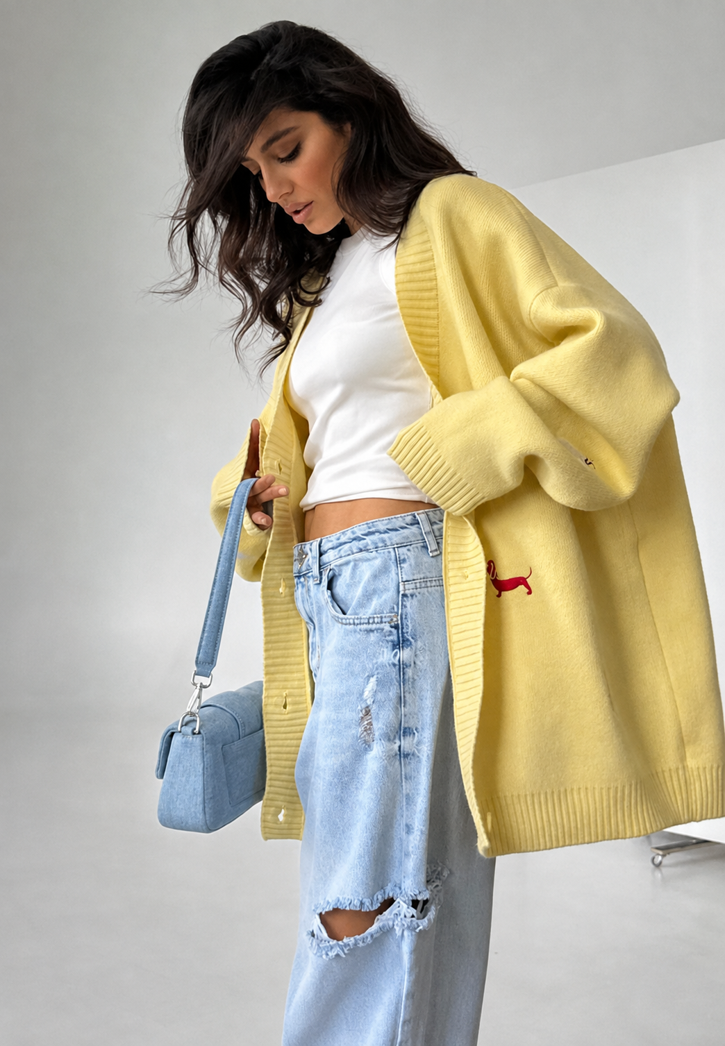Cardigan femme oversize élégant et confortable, orné d'un motif teckel distinctif, un incontournable pour l'automne.