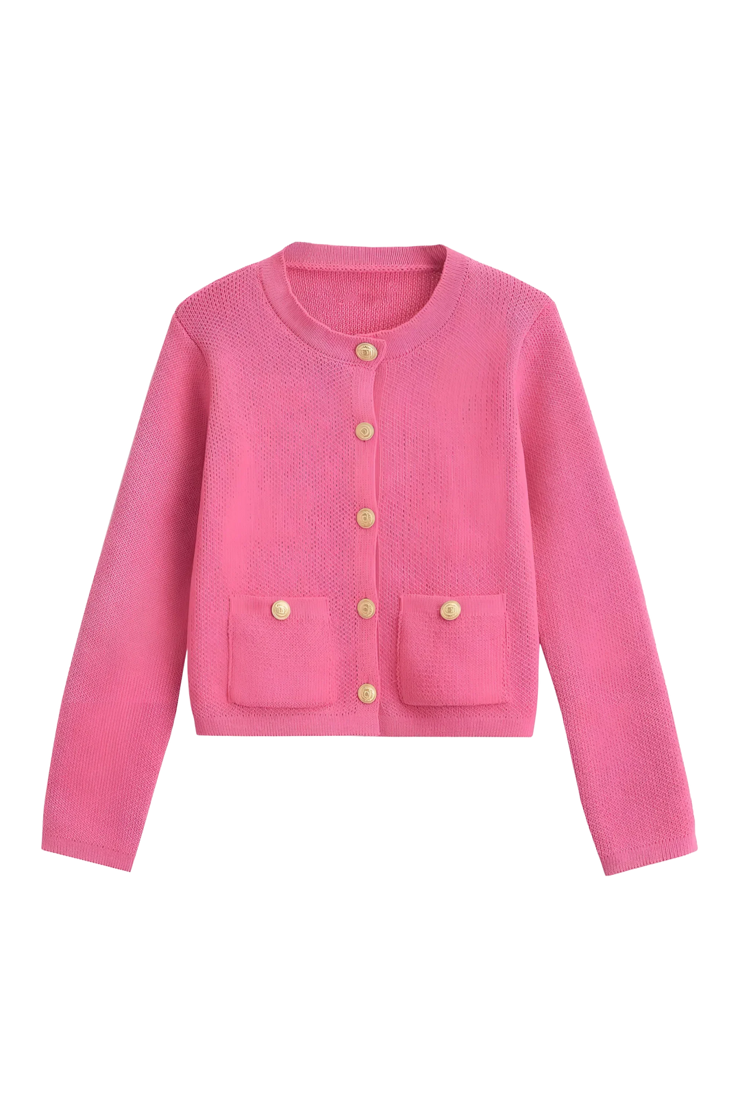 Vue de face d'un cardigan femme noir à manches longues, boutons dorés, offrant un style élégant et polyvalent.