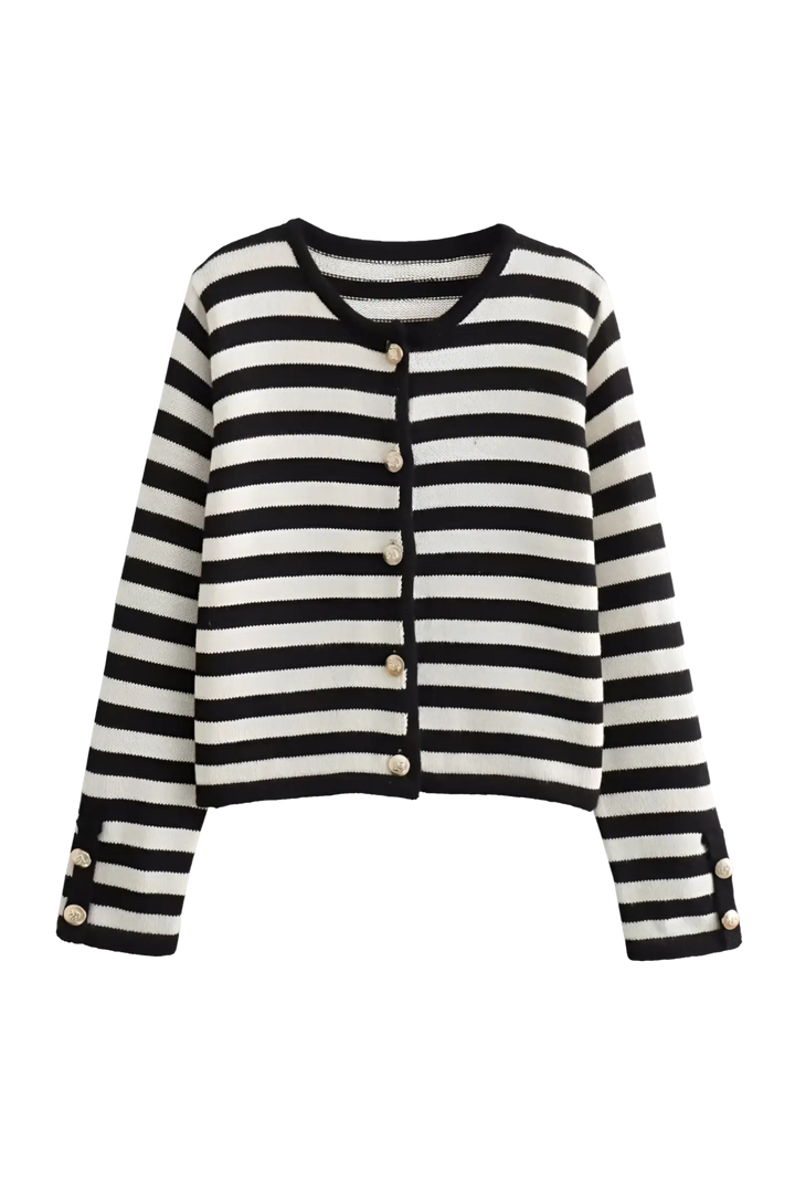 Cardigan femme chic à rayures bicolores. Manches longues et boutons métalliques argentés.