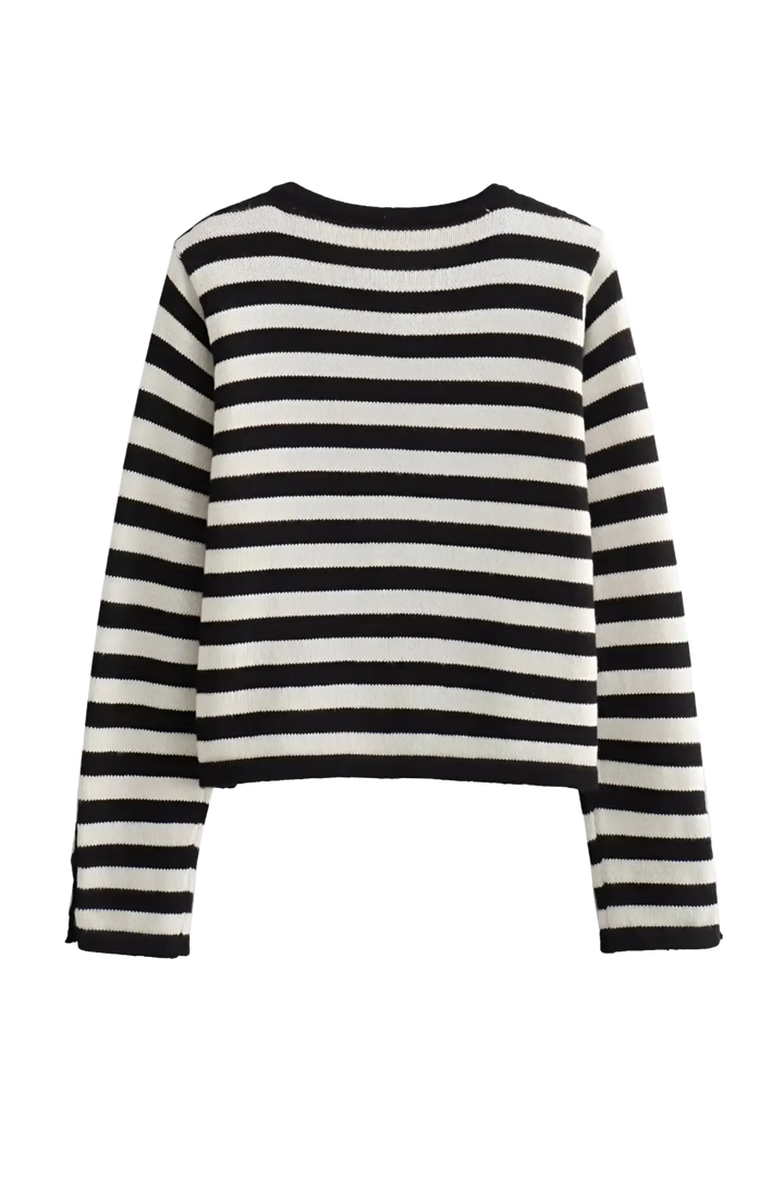Cardigan femme élégant, rayures bicolores pour un look tendance. Manches longues et boutons discrets.