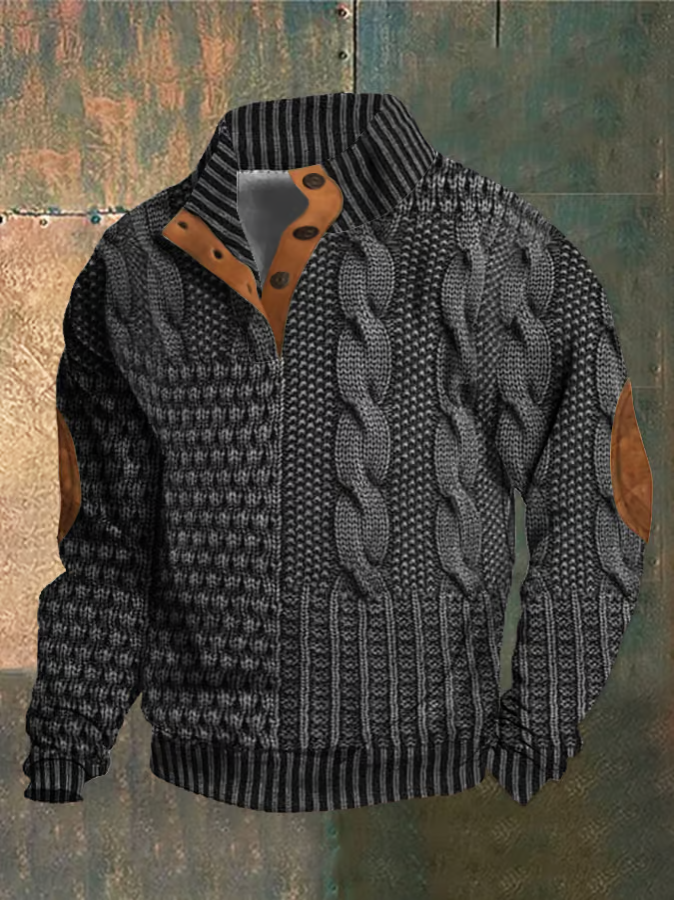 Pull homme chic à torsades, col montant boutonné. Idéal pour rester au chaud avec style en automne-hiver.