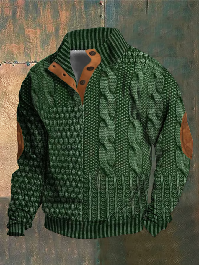 Pull homme polyvalent à torsades, col montant boutonné. Parfait pour un look décontracté ou plus habillé.