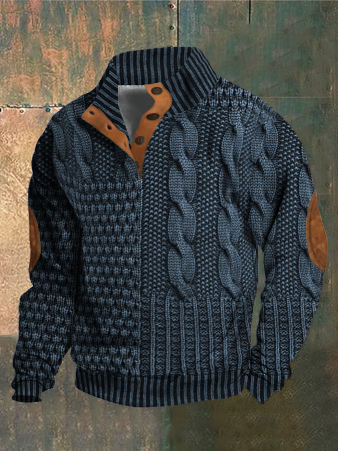 Pull homme élégant à torsades, col montant boutonné. Idéal pour un style chic et confortable en automne.