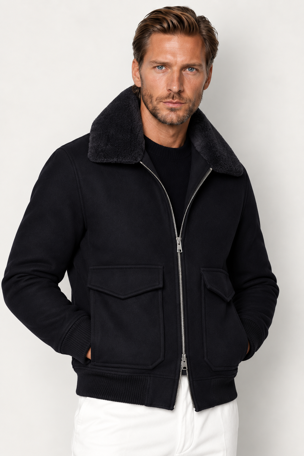Veste bomber homme élégante noire, idéale automne/hiver. Blouson mode masculine décontracté à coupe courte.