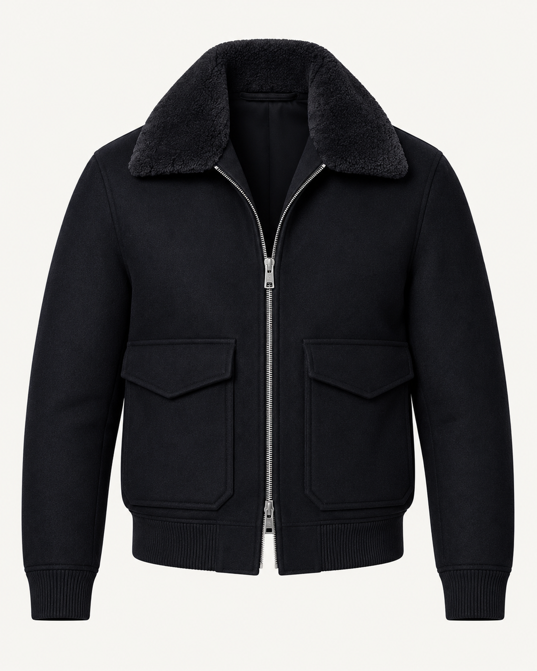 Bomber homme noir élégant avec col confortable, coupe courte. Blouson parfait pour mode masculine automne/hiver.