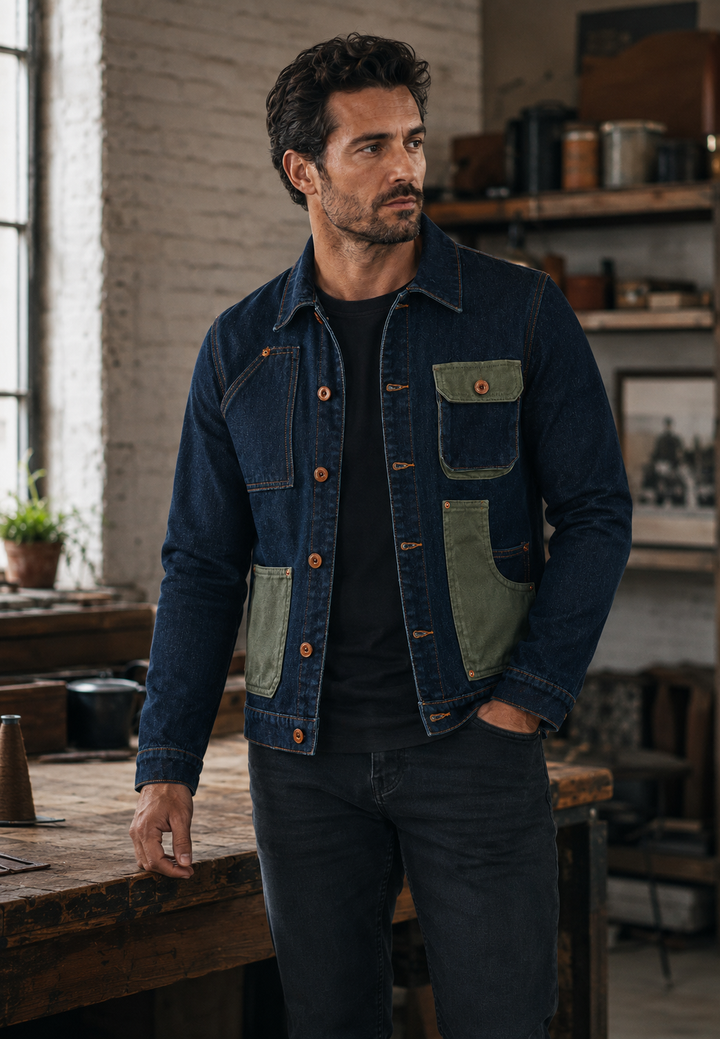 Veste en jean décontractée moderne pour homme, couleur bleu marine. Idéale pour un style polyvalent.