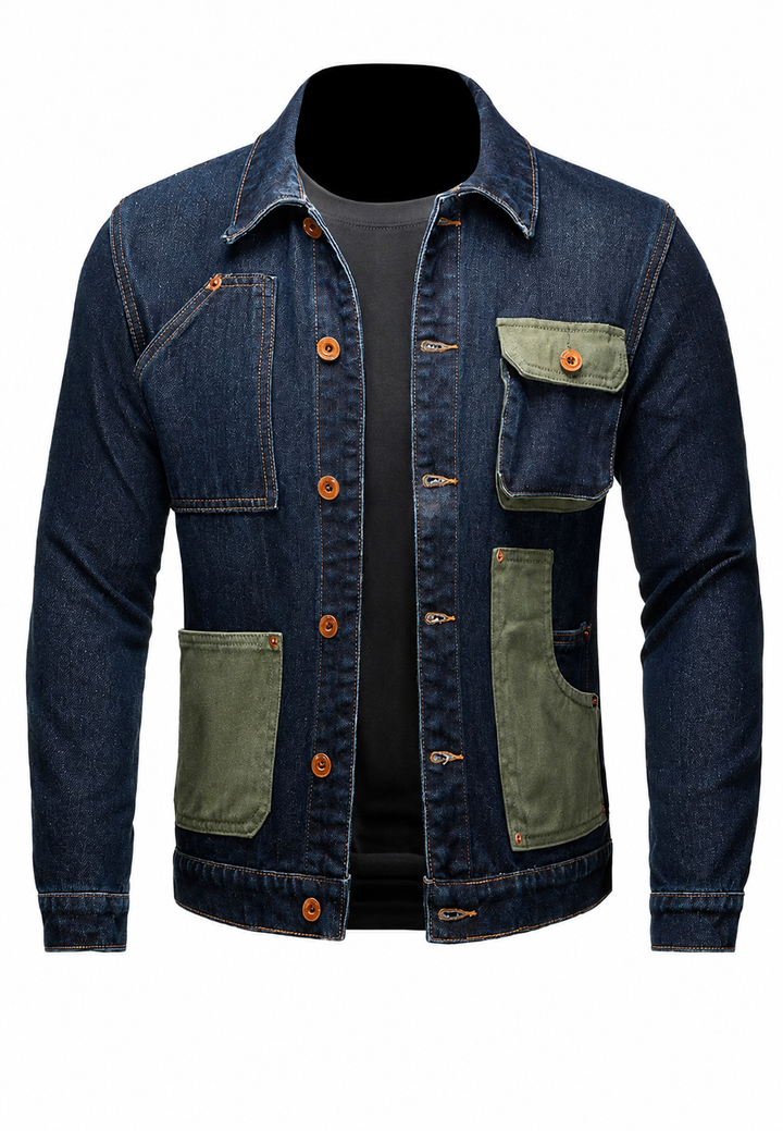 Homme portant une veste en jean décontractée, couleur bleu marine, coupe moderne. Style polyvalent et tendance.