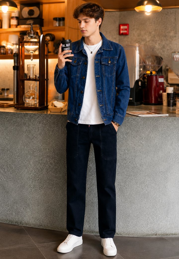 Homme portant une veste en jean délavée coupe droite, look casual chic, parfait pour toute occasion décontractée.