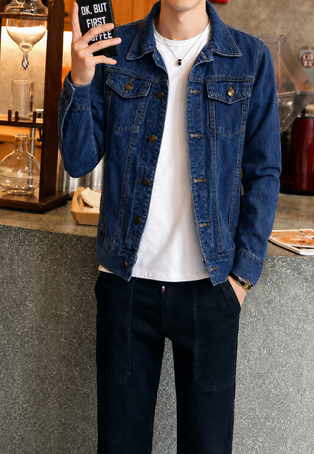 Détail d'une veste en jean homme délavée bleue, texture denim robuste, mode casual pour saisons intermédiaires.