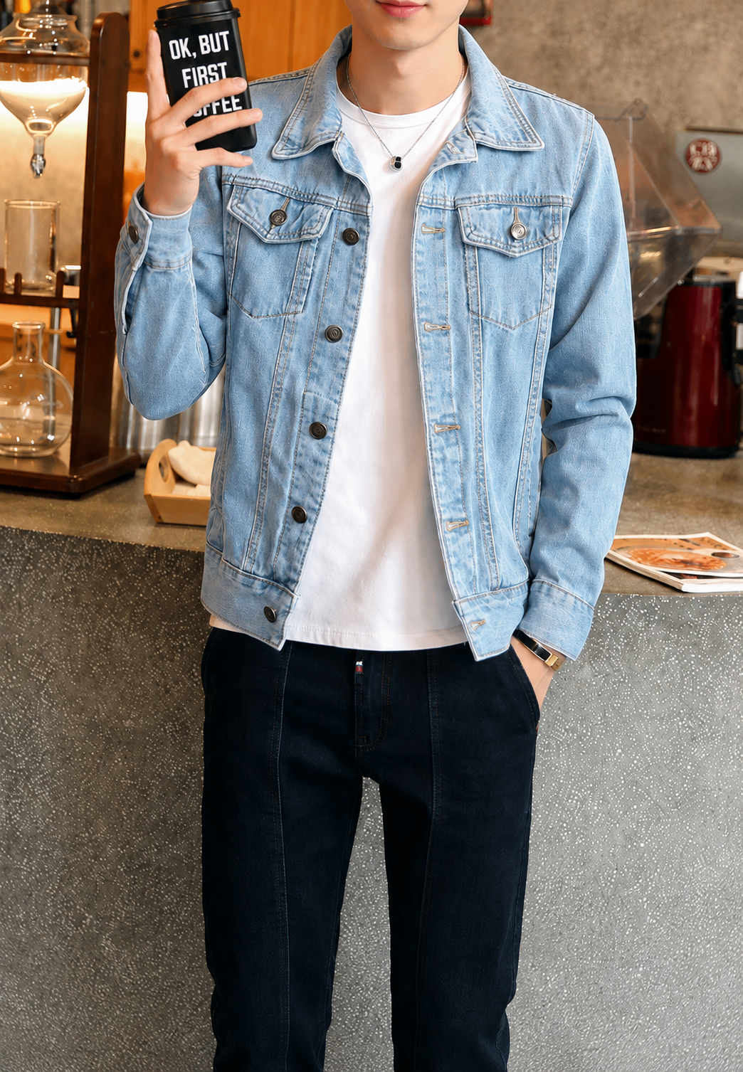 Veste en jean délavée tendance pour homme, vêtement polyvalent pour un look automne ou printemps décontracté.