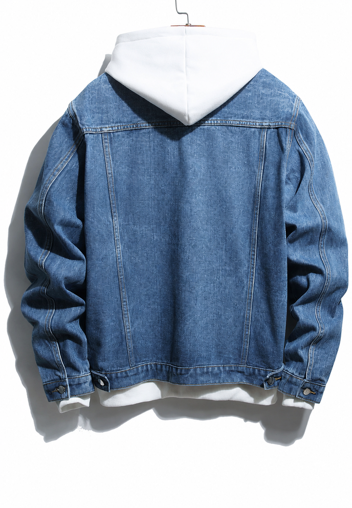 Veste en jean délavée déchirée homme, coupe ajustée moderne, pour un style masculin et tendance.