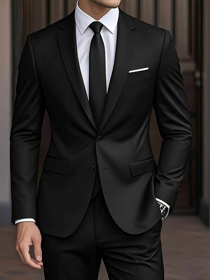 Tenue formelle homme, costume slim fit noir, deux pièces, pour une allure sophistiquée.