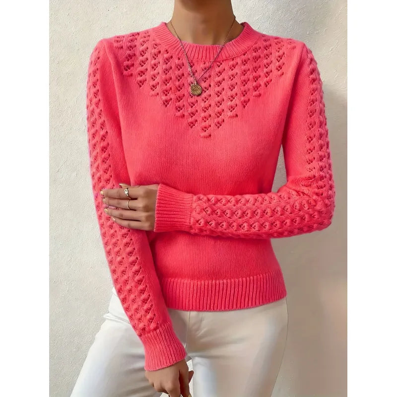 Pull élégant femme, maille ajourée, col rond. Idéal pour look automne hiver. Confortable et tendance.
