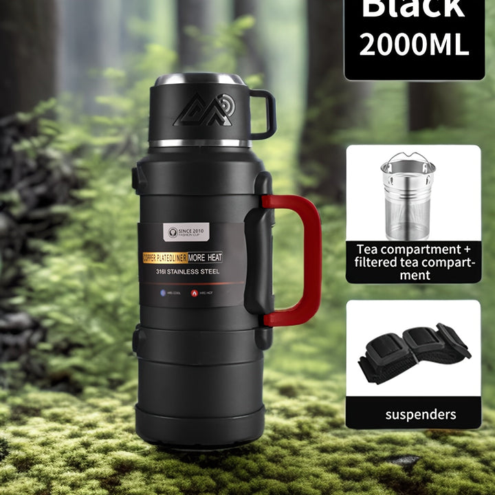 Bouteille isotherme robuste, facile à transporter, pour garder café ou eau glacée longtemps.