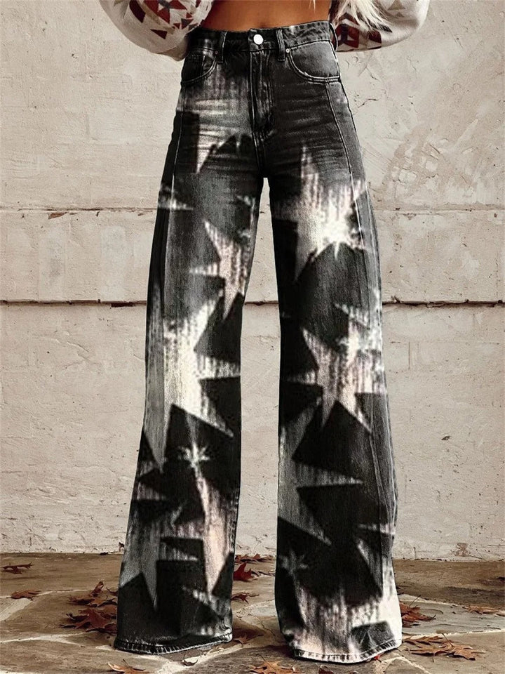 Pantalon femme taille haute large et fluide, imprimé étoiles. Style tendance, confortable pour look décontracté chic.