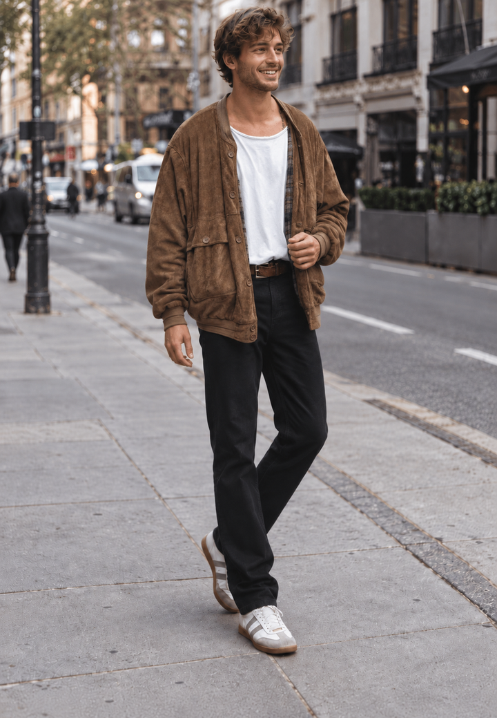 Veste homme ample veloutée couleur café, idéale pour l'automne, style décontracté chic et confortable.
