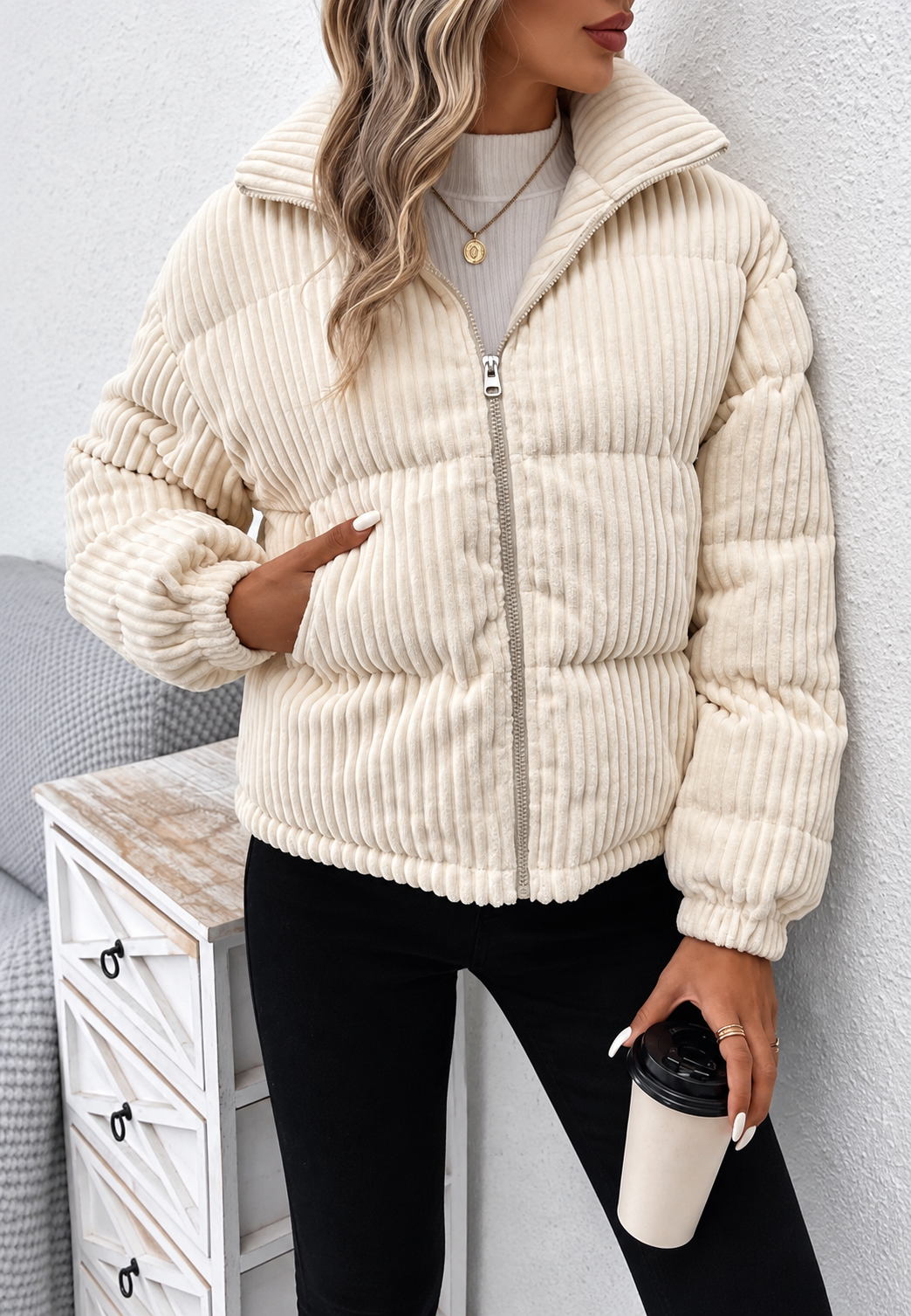 Veste femme automne avec col montant et fermeture éclair. Style chic décontracté, coupe ample confortable et poches.