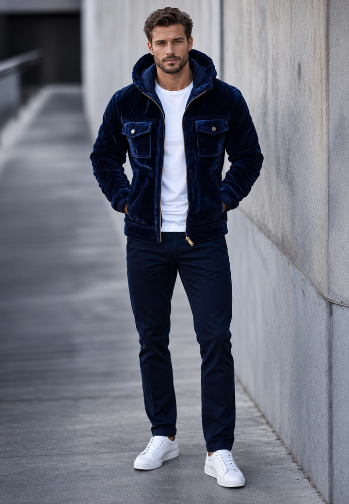 Blouson homme décontracté à capuche, idéal pour l'automne et l'hiver. Confortable, style urbain moderne.