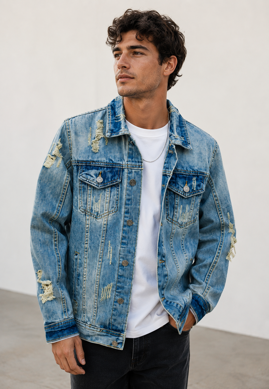 Veste en jean homme coupe slim déchirée, effet délavé, look urbain décontracté et tendance.
