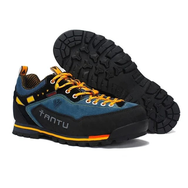 Chaussures trekking homme robustes, jaunes et rouges, avec amorti et adhérence pour toute aventure.